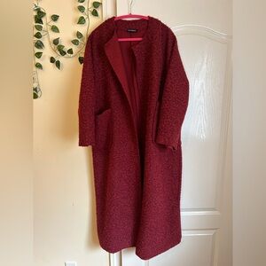 Long Textured Open-Front Coatigan in Deep Wine Red